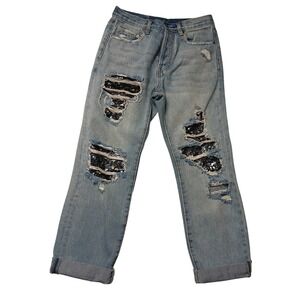 Free People Distressed Sequin Patch Light Wash Straight Leg Jeans Womens 27